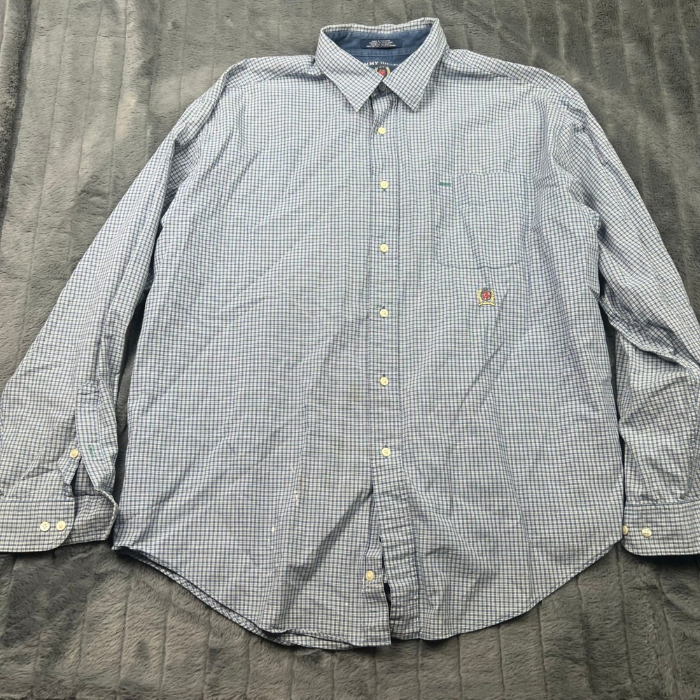 Tommy Hilfiger Mens Blue White Micro Check Cotton Button Down Shirt Crest Logo